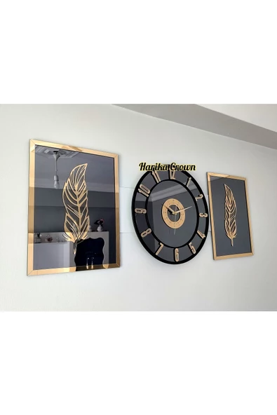 Aynalı Model 2 Li Tüy Tablo Ve Saat Seti 40 - 2