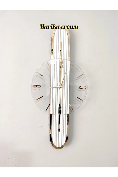 Stylish Design Cam Ahşap Aynalı-65cm- Sessiz Mekanizma Duvar Saati