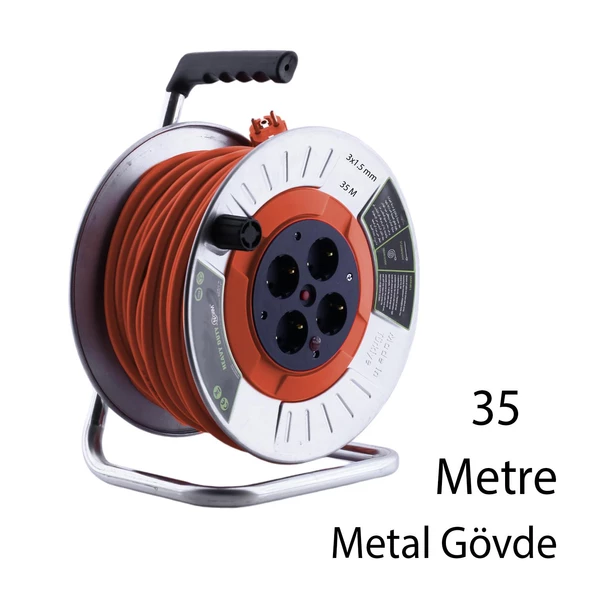 Metal Makaralı Seyyar CCA Kablo 4 Prizli Monofaze Uzatma Kablosu 3x1.5 mm TTR Kablo 35 Metre - 4