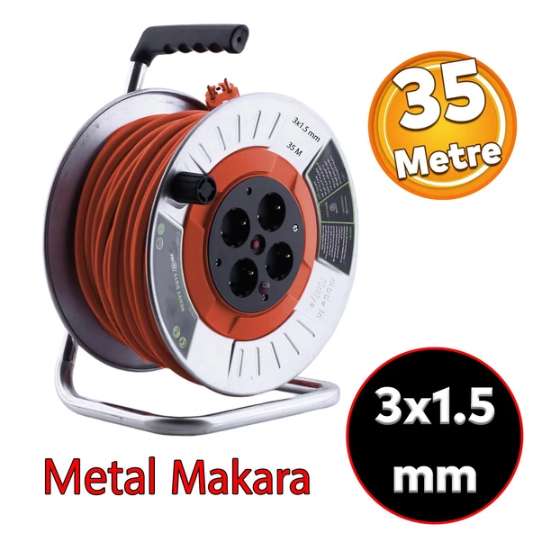 Metal Makaralı Seyyar CCA Kablo 4 Prizli Monofaze Uzatma Kablosu 3x1.5 mm TTR Kablo 35 Metre