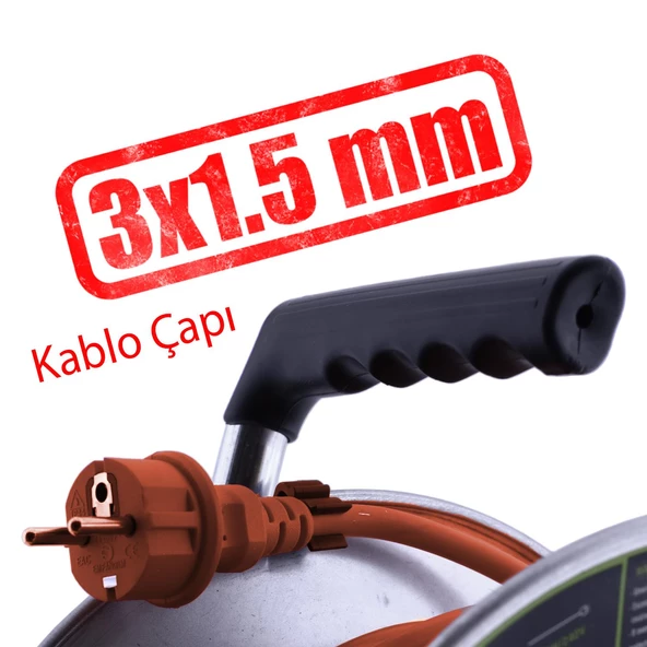 Metal Makaralı Seyyar CCA Kablo 4 Prizli Monofaze Uzatma Kablosu 3x1.5 mm TTR Kablo 35 Metre - 3