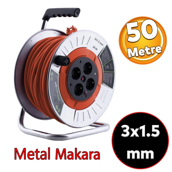 Metal Makaralı Seyyar CCA Kablo 4 Prizli Monofaze Uzatma Kablosu 3x1.5 mm TTR Kablo 50 Metre