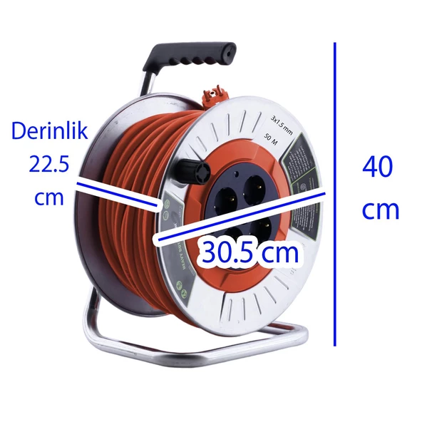 Metal Makaralı Seyyar CCA Kablo 4 Prizli Monofaze Uzatma Kablosu 3x1.5 mm TTR Kablo 50 Metre - Resim 2