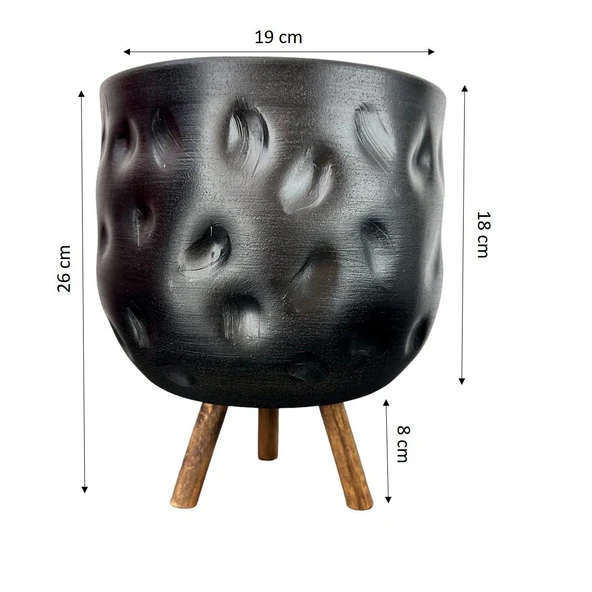 Bitki Tasarımı  Siyah Desenli Toprak Saksı Saksılık Salon Çiçeklik 3 Ayaklı - 19 CM - Resim 2