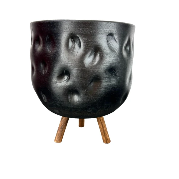 Bitki Tasarımı  Siyah Desenli Toprak Saksı Saksılık Salon Çiçeklik 3 Ayaklı - 19 CM - Resim 3