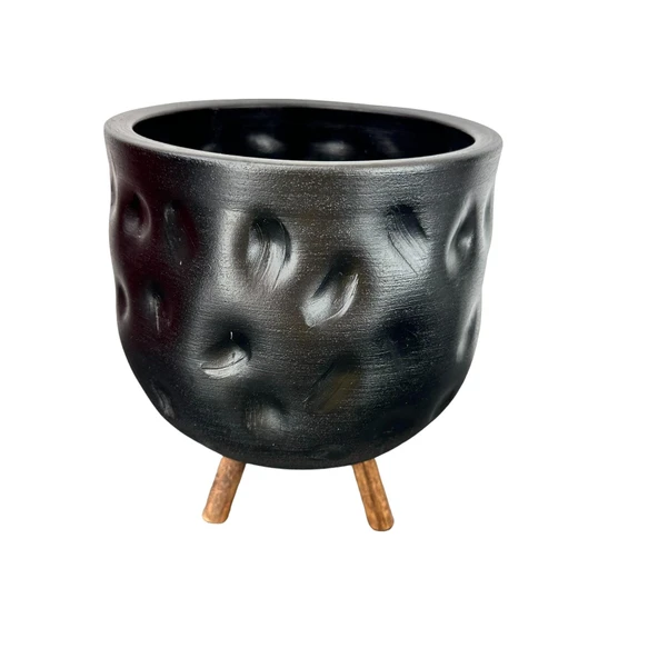 Bitki Tasarımı  Siyah Desenli Toprak Saksı Saksılık Salon Çiçeklik 3 Ayaklı - 19 CM - Resim 4