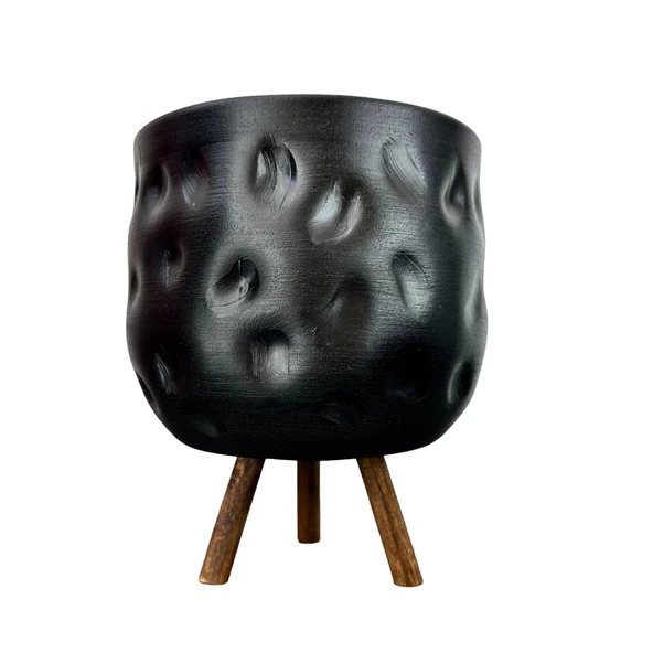 Bitki Tasarımı  Siyah Desenli Toprak Saksı Saksılık Salon Çiçeklik 3 Ayaklı - 19 CM - Resim 5