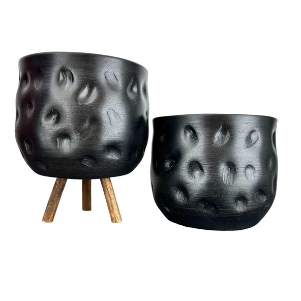 Bitki Tasarımı  Siyah Desenli Toprak Saksı Saksılık Salon Çiçeklik İkili Set Ayaksız - 3 Ayaklı- 19 CM