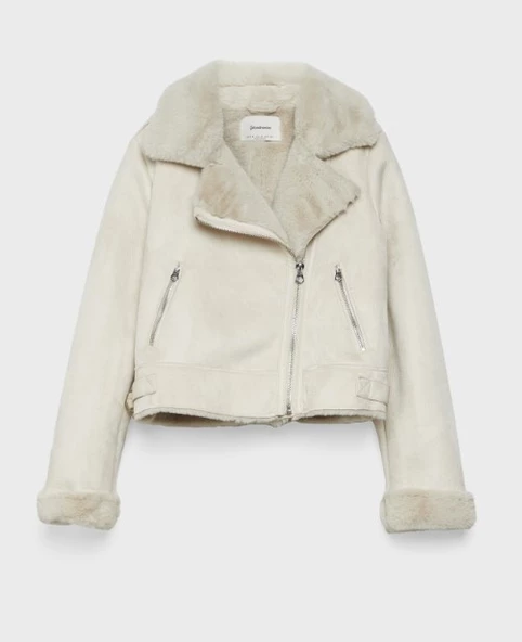 Suni kürklü ve suni yünlü astar detaylı kısa crop biker ceket / S Beden