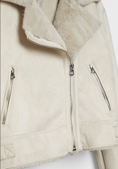 Suni kürklü ve suni yünlü astar detaylı kısa crop biker ceket / S Beden - 3