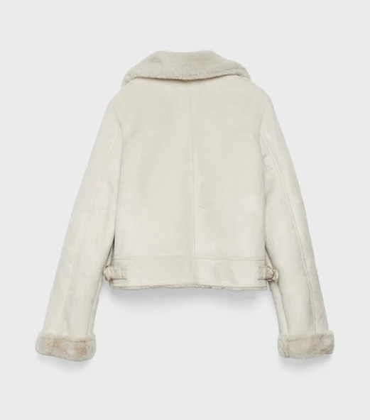 Suni kürklü ve suni yünlü astar detaylı kısa crop biker ceket / S Beden - 2