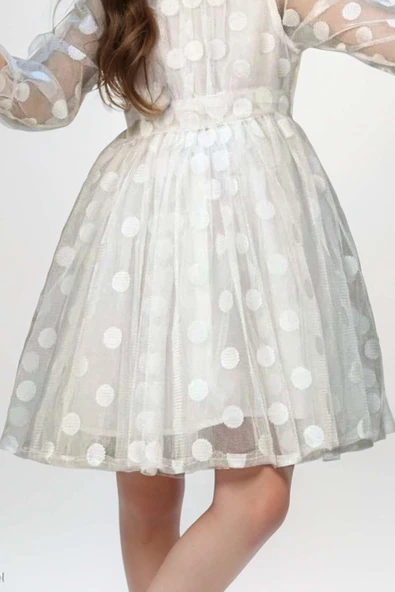 Kız Çocuk Boydan Üzeri Puantiye Detaylı Kolları Şeffaf Tül Beyaz Elbise - Resim 7