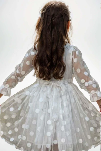 Kız Çocuk Boydan Üzeri Puantiye Detaylı Kolları Şeffaf Tül Beyaz Elbise - Resim 5