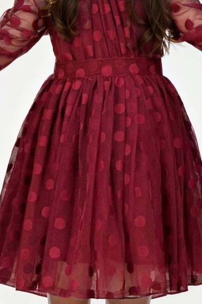 Kız Çocuk Boydan Üzeri Puantiye Detaylı Kolları Şeffaf Tül Bordo Elbise - Resim 4