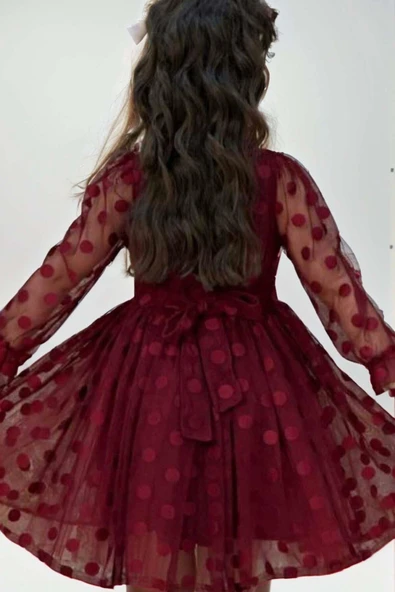 Kız Çocuk Boydan Üzeri Puantiye Detaylı Kolları Şeffaf Tül Bordo Elbise - Resim 2