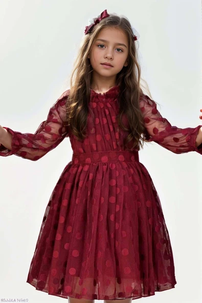 Kız Çocuk Boydan Üzeri Puantiye Detaylı Kolları Şeffaf Tül Bordo Elbise ürün görseli