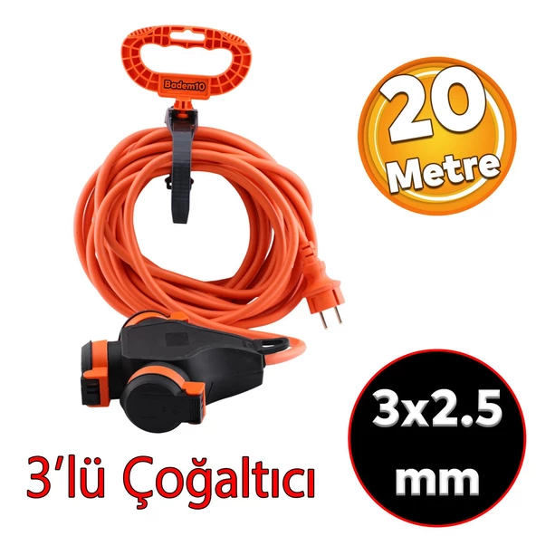 Monofaze Çoğaltıcı Seyyar Topraklı 3'lü Grup Priz Fiş 20 Metre CCA Kablo Uzatma Kablosu 3x2.5 mm