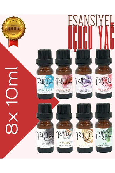 PellDio Home 8'li Esansiyel Uçucu Yağ Buhurdanlık Yağı Difüzör Esansı Oda Kokusu 10ml