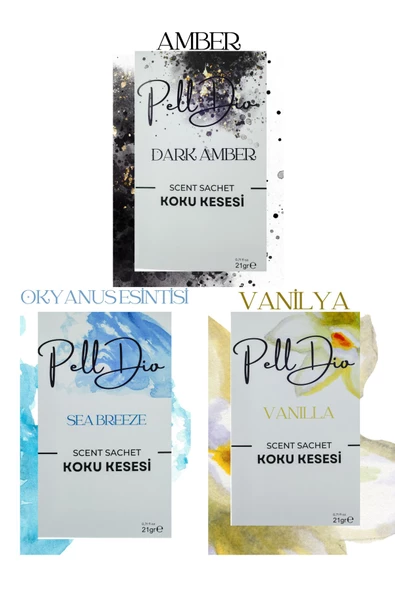 PellDio Home 3'lü Amber Okyanus Vanilya Parfümlü Dolap Kokusu Ayakkabılık Ve Çekmece Askılı Koku Kesesi Parfümlü Kese
