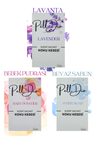 PellDio Home 3'lü Bebek Pudrası  Beyaz Sabun  Lavanta Parfümlü Dolap Kokusu Ayakkabılık Ve Çekmece Askılı Koku Kesesi Parfümlü Kese  1