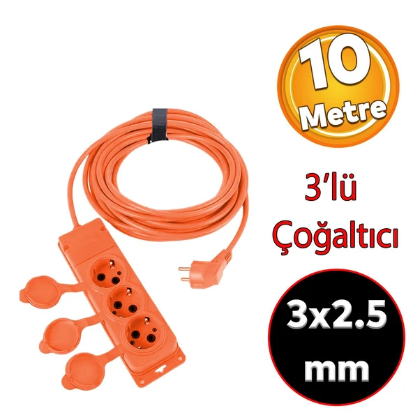 Monofaze Çoğaltıcı Seyyar Topraklı Kapaklı 3'lü Grup Priz Fiş 10 Metre CCA Uzatma Kablosu 3x2.5 mm ürün görseli