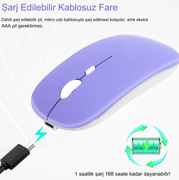Fare ve Klavye, USB Şarjlı Klavye ve Fare Güçlü Uyumluluk Ultra İnce Ergonomik Tasarım Tablet için PC için (Mor) - 5
