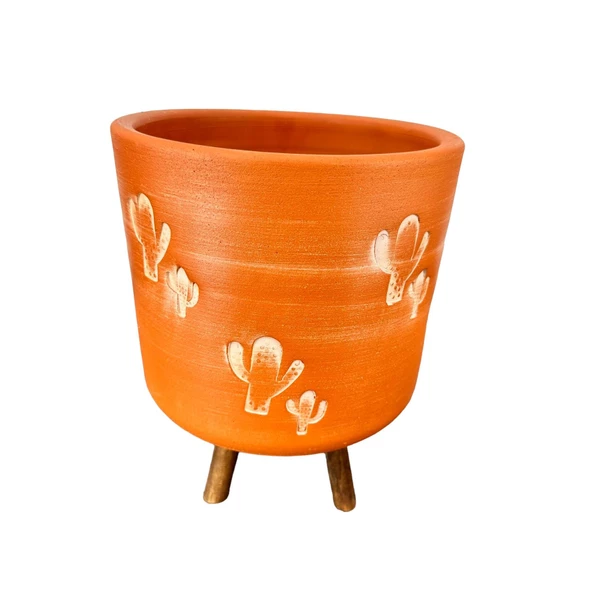 Bitki Tasarımı  Kaktüs Desenli Toprak Saksı Saksılık Salon Çiçeklik 3 Ayaklı - 19 CM - 4