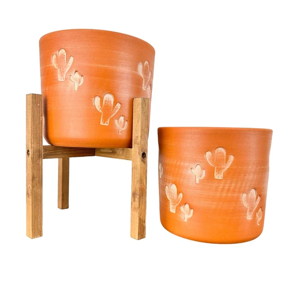 Bitki Tasarımı  Kaktüs Desenli Toprak Saksı Saksılık Salon Çiçeklik İkili Set Ayaksız - 4 Ayaklı- 19 CM