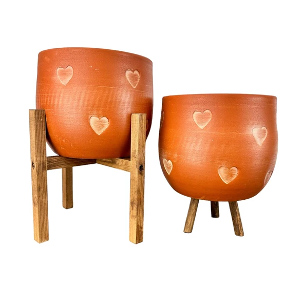 Bitki Tasarımı Kalp Desenli Toprak Saksı Saksılık Salon Çiçeklik İkili Set 3 Ayaklı- 4 Ayaklı- 19 CM - Resim 3
