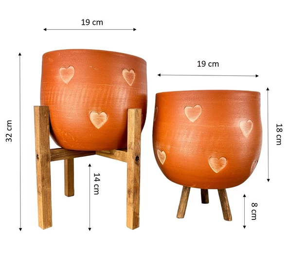 Bitki Tasarımı Kalp Desenli Toprak Saksı Saksılık Salon Çiçeklik İkili Set 3 Ayaklı- 4 Ayaklı- 19 CM - Resim 2