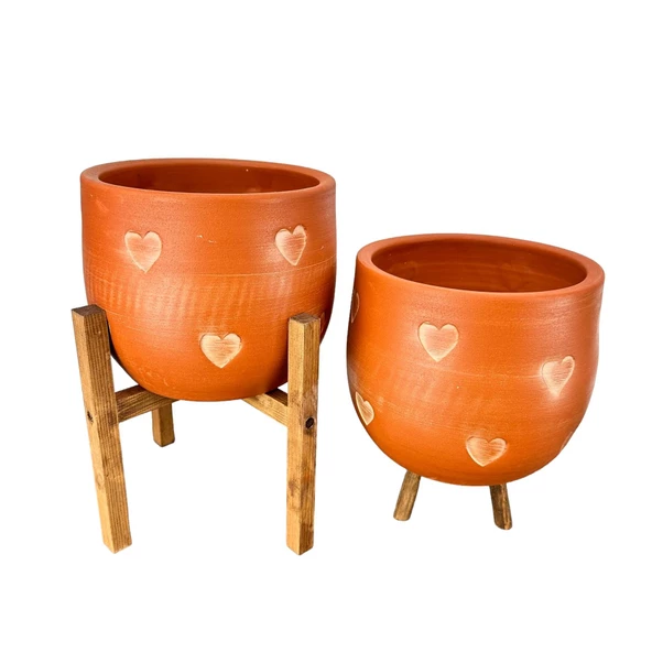 Bitki Tasarımı Kalp Desenli Toprak Saksı Saksılık Salon Çiçeklik İkili Set 3 Ayaklı- 4 Ayaklı- 19 CM - Resim 4