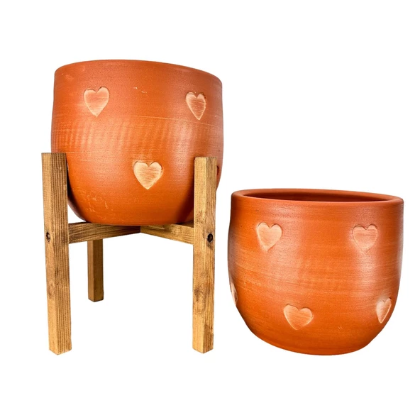 Bitki Tasarımı Kalp Desenli Toprak Saksı Saksılık Salon Çiçeklik İkili Set Ayaksız - 4 Ayaklı- 19 CM - 4
