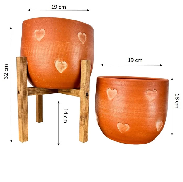 Bitki Tasarımı Kalp Desenli Toprak Saksı Saksılık Salon Çiçeklik İkili Set Ayaksız - 4 Ayaklı- 19 CM - 2