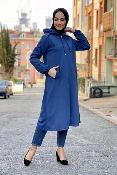 Kapşonlu Tesettür Kap İndigo - 3