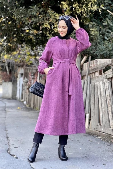 Düğmeli Kaşe Kap Mürdüm - 4