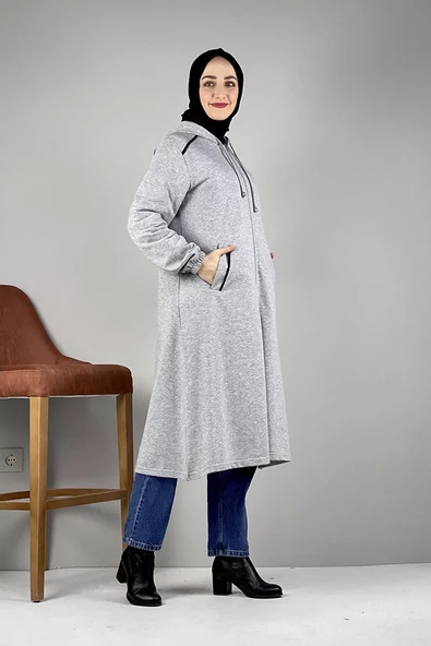 Kapşonlu Tesettür Kap Gri - 3