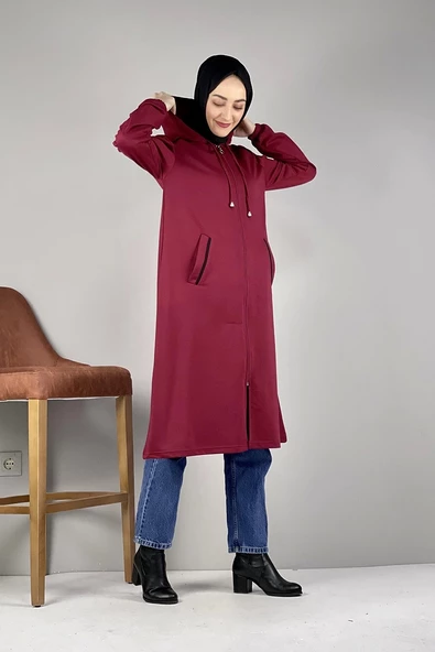 Kapşonlu Tesettür Kap Bordo - 3