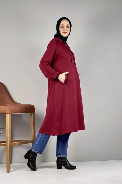 Kapşonlu Tesettür Kap Bordo - 4