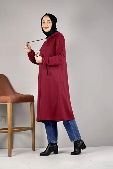 Kapşonlu Tesettür Kap Bordo - 2