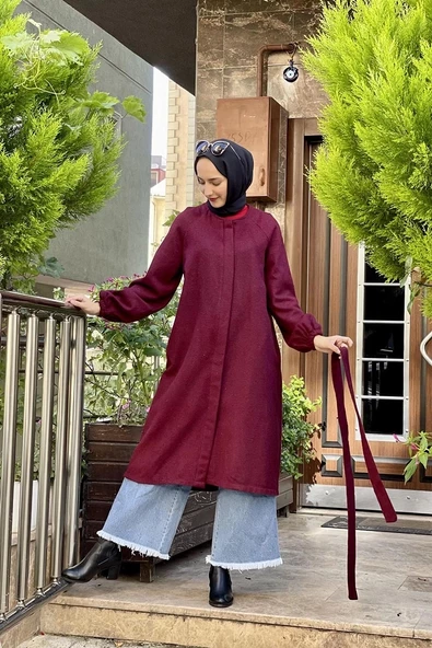 Düğmeli Kaşe Kap Bordo - 4