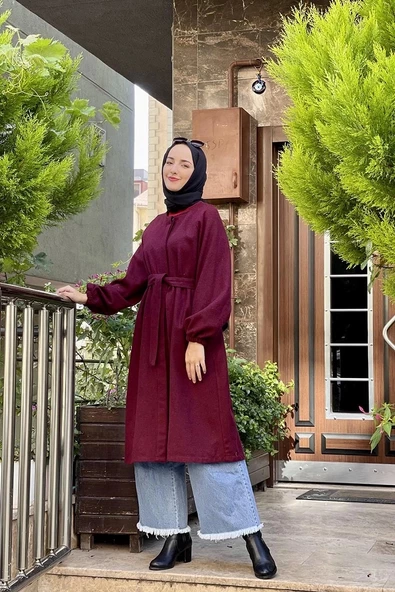 Düğmeli Kaşe Kap Bordo - 3
