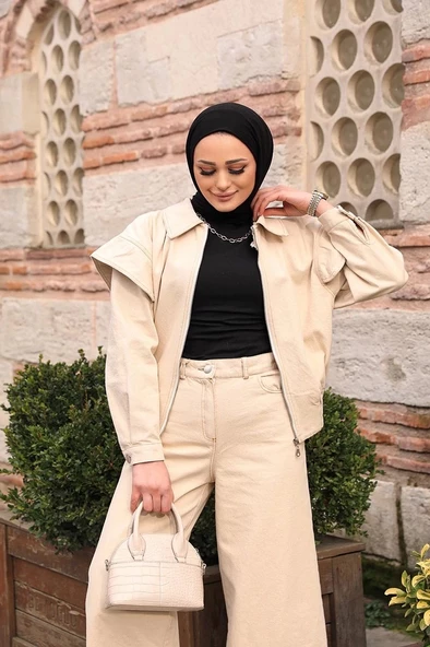 Omuz Detaylı  Kot Ceket Bej - 2