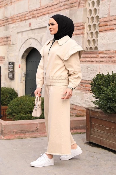 Omuz Detaylı  Kot Ceket Bej - 4