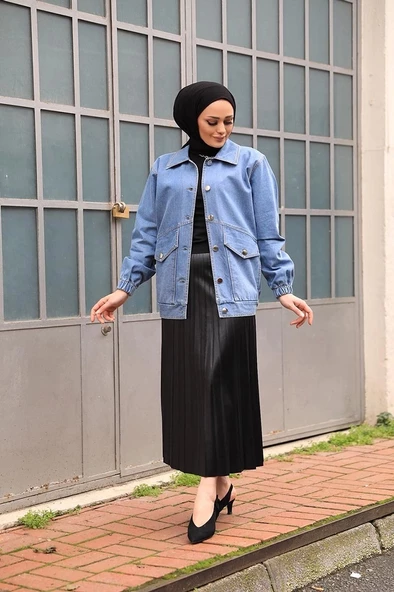 Düğmeli Kot Ceket Mavi - 4