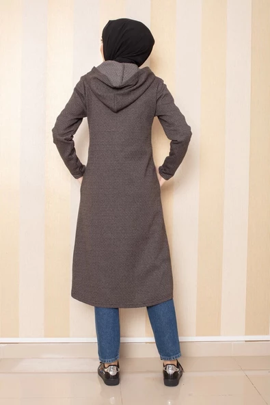 Cepli Kapşonlu Tesettür Kap Kahve - Resim 4