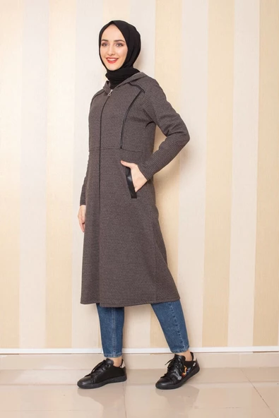 Cepli Kapşonlu Tesettür Kap Kahve - Resim 2