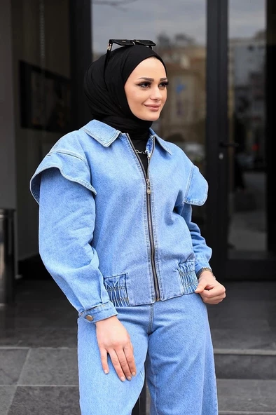 Omuz Detaylı  Kot Ceket Açık Mavi - 3