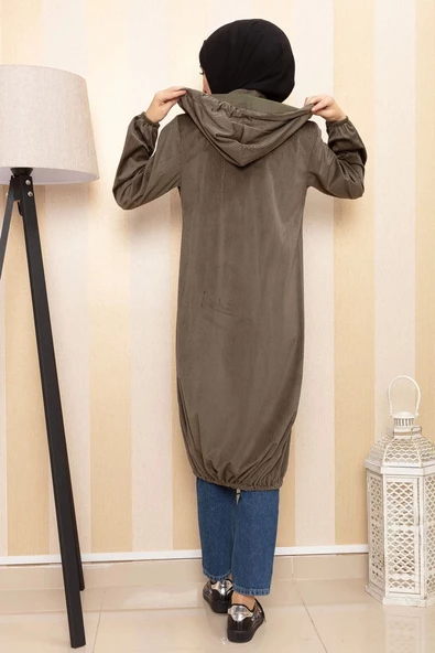 Kapüşonlu Kadife Kap Haki Yeşili - 4