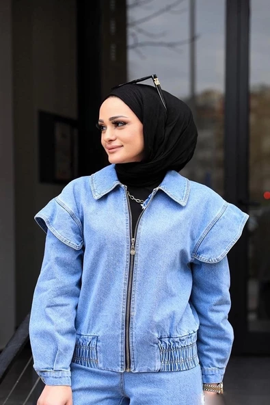 Omuz Detaylı  Kot Ceket Açık Mavi - 4