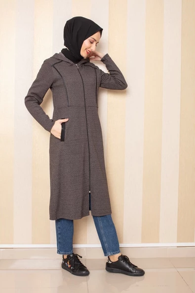 Cepli Kapşonlu Tesettür Kap Kahve - Resim 3
